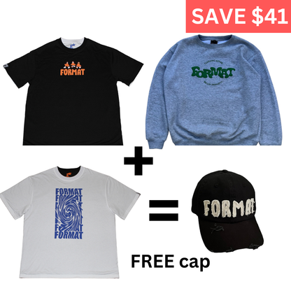 Crewneck, Cap, & Reversible Tee bundle